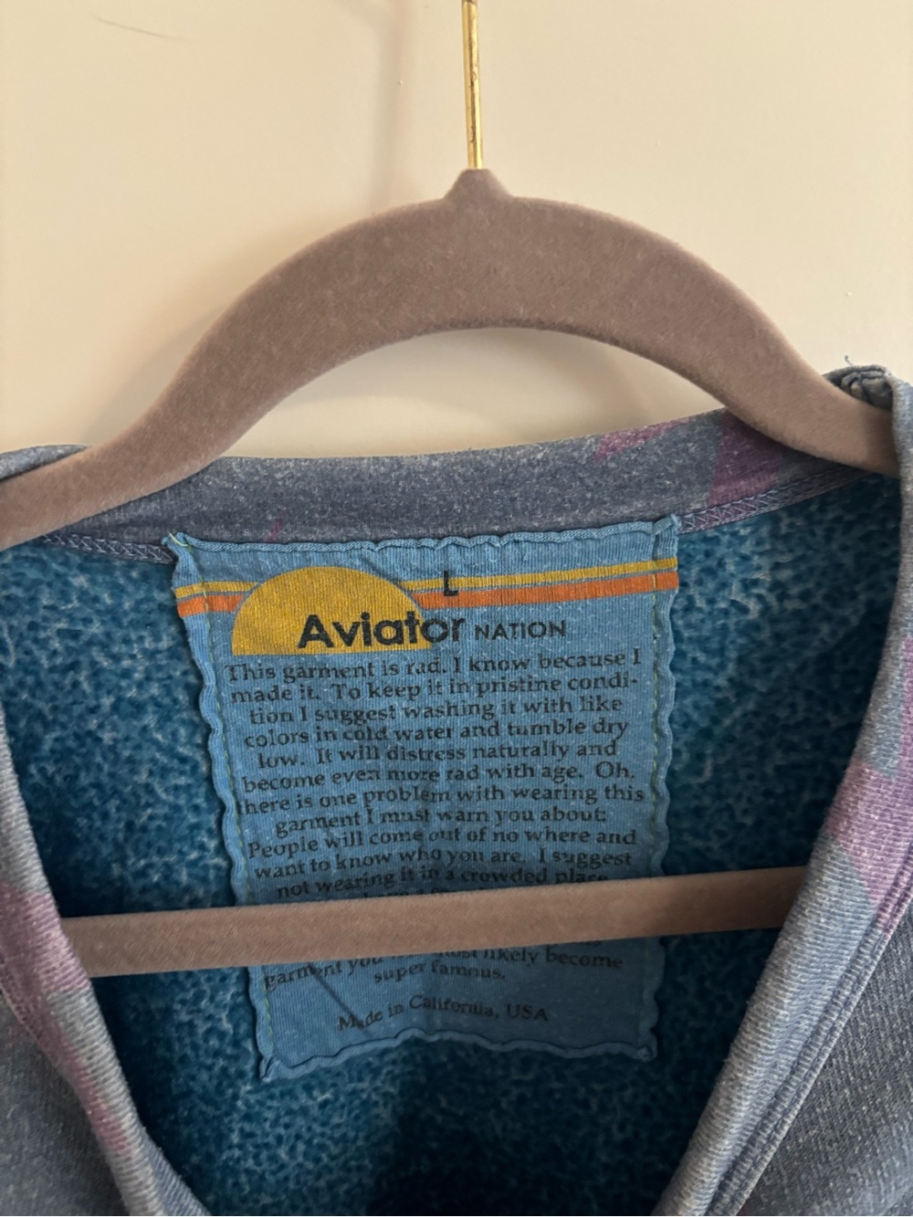 Aviator Nation Blue Sweatshirt with Pink and Purple Lightning Bolts, Raw Hem - Picture 3 of 5